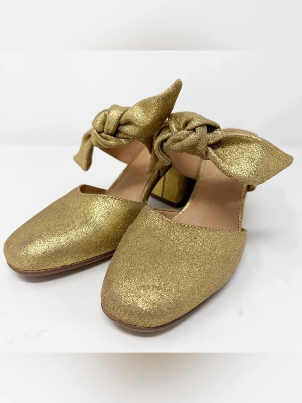 Madewell Gold Metallic Knot Mule Heels Block Heel Slip On Sandals Womens 7.5
